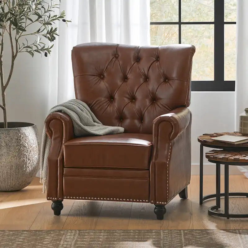 Fauteuil inclinable à dossier capitonné, repose-pieds, dossier à boutons, garniture cloutée