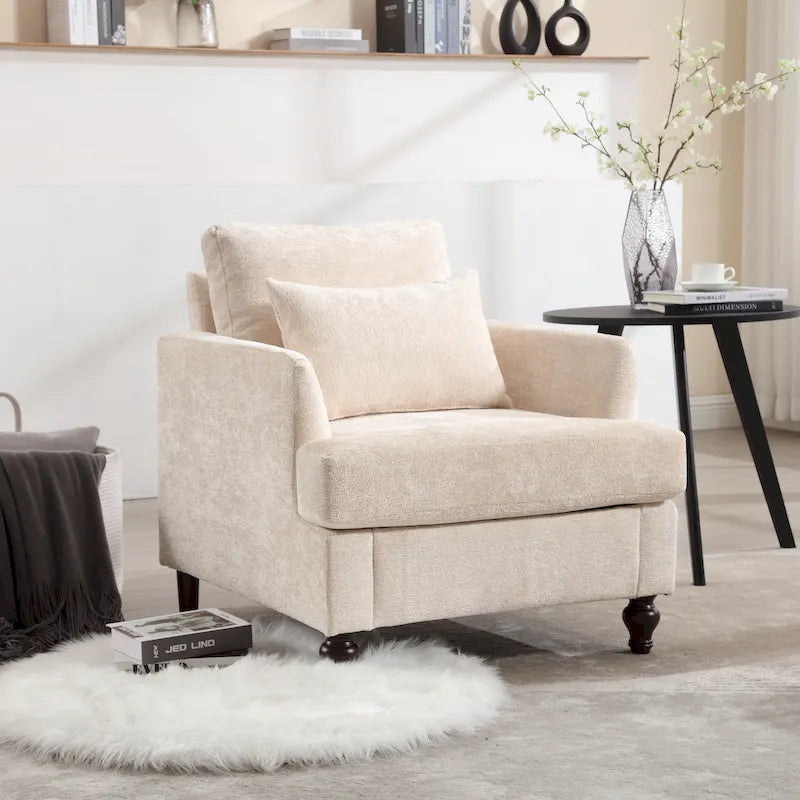 Fauteuil beige 29,53 en chenille, structure et coussins en bois massif