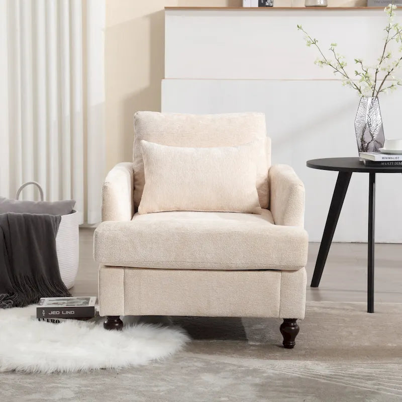 Fauteuil beige 29,53 en chenille, structure et coussins en bois massif