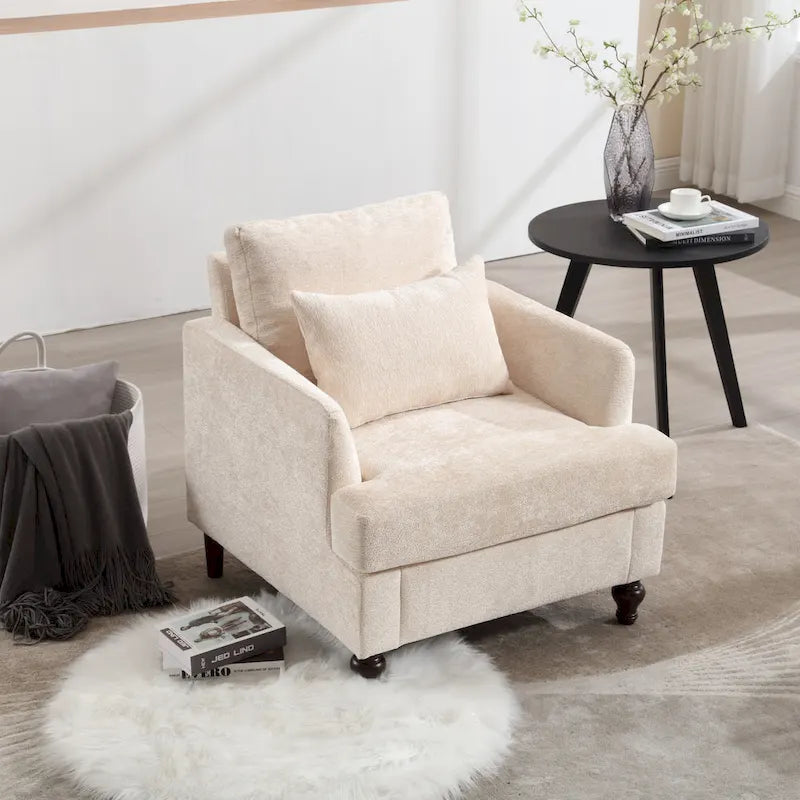 Fauteuil beige 29,53 en chenille, structure et coussins en bois massif