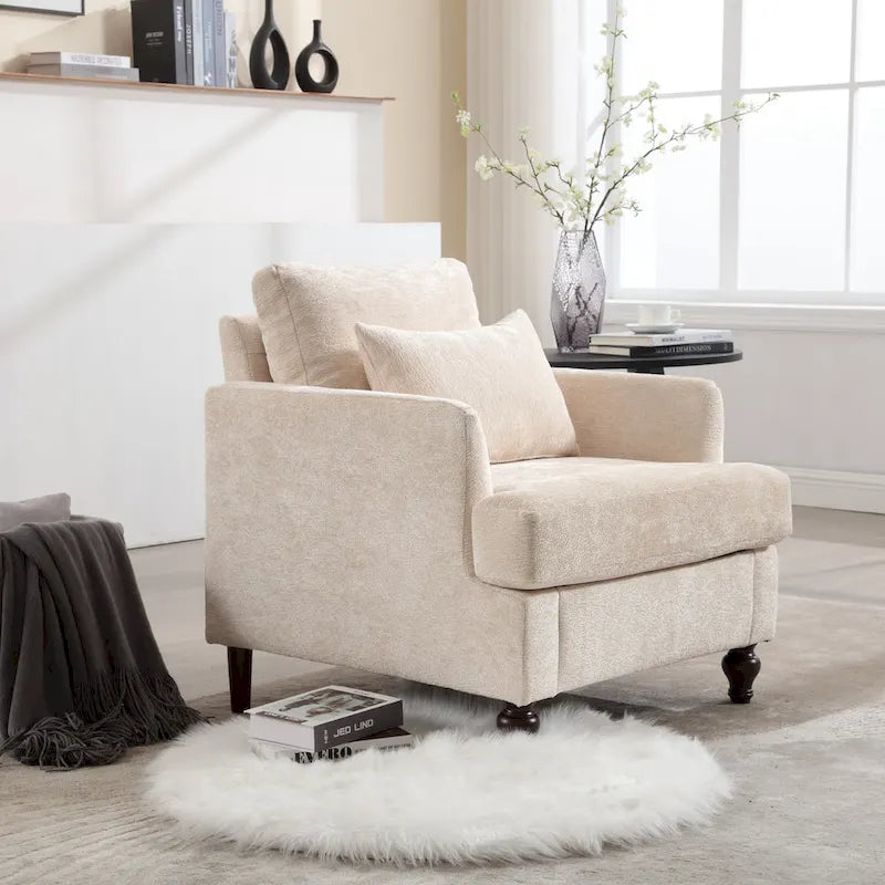 Fauteuil beige 29,53 en chenille, structure et coussins en bois massif
