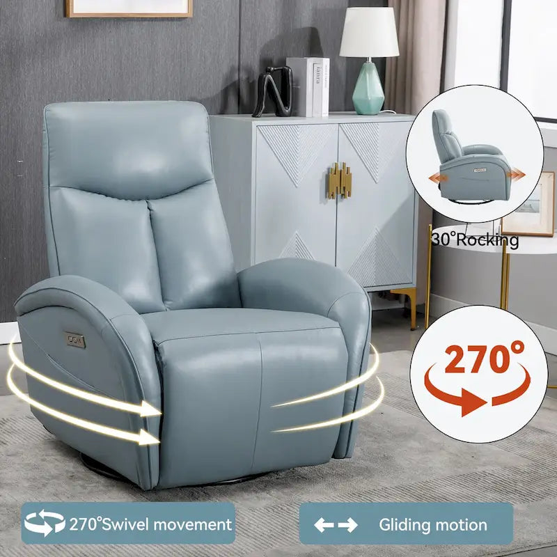 Fauteuil inclinable électrique pivotant et à bascule en cuir, angle de rotation maximal de 270°, mécanisme de mouvement robuste avec ports USB et Type-C