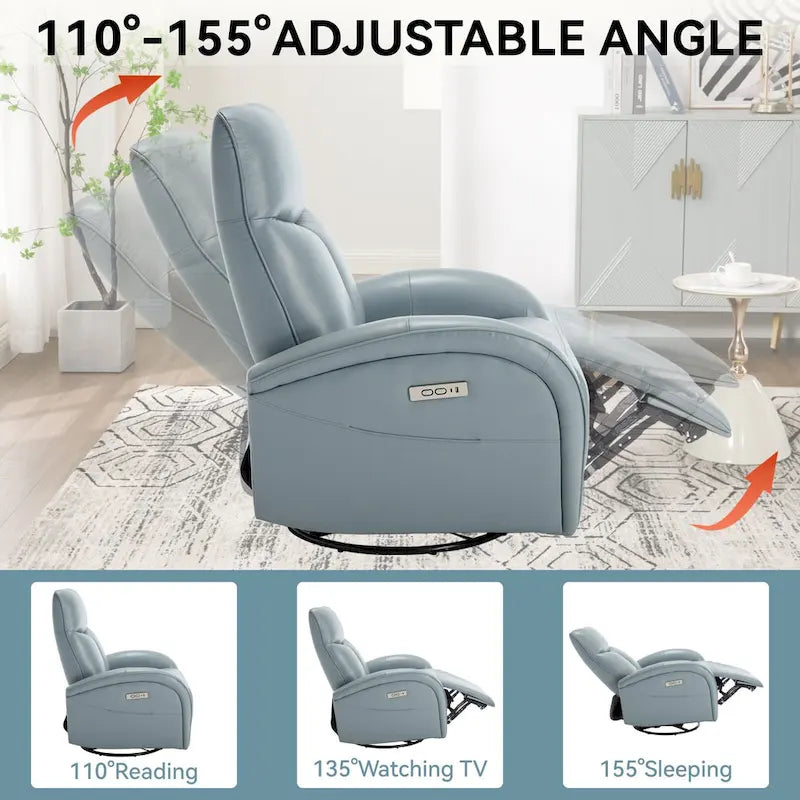 Fauteuil inclinable électrique pivotant et à bascule en cuir, angle de rotation maximal de 270°, mécanisme de mouvement robuste avec ports USB et Type-C