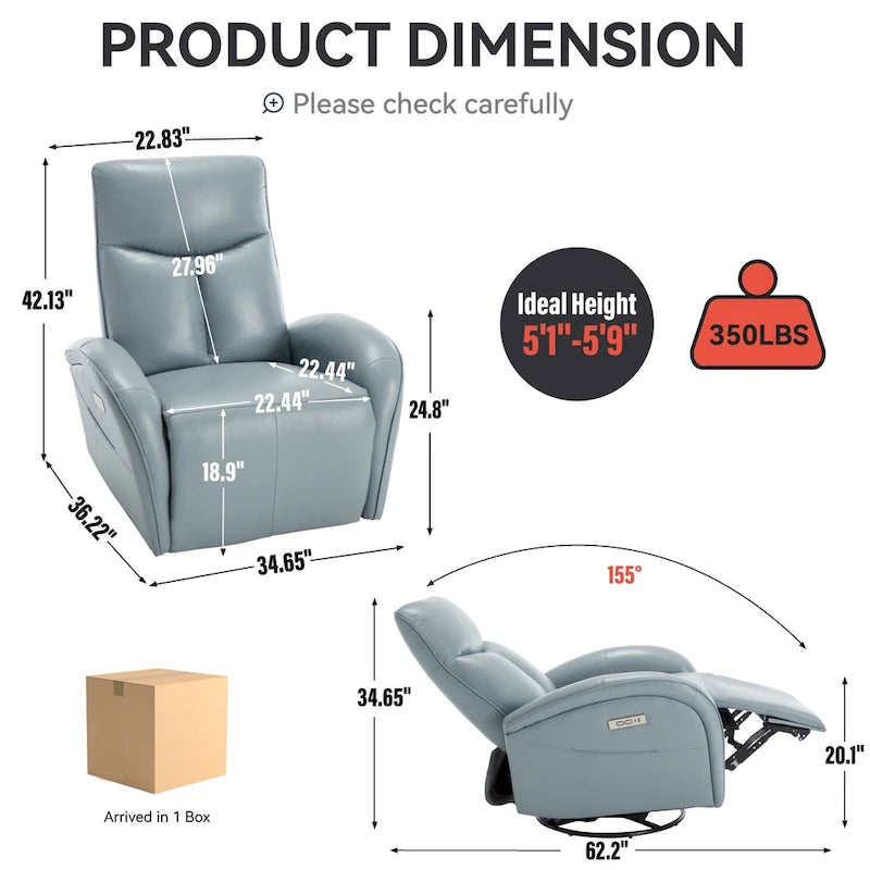 Fauteuil inclinable électrique pivotant et à bascule en cuir, angle de rotation maximal de 270°, mécanisme de mouvement robuste avec ports USB et Type-C