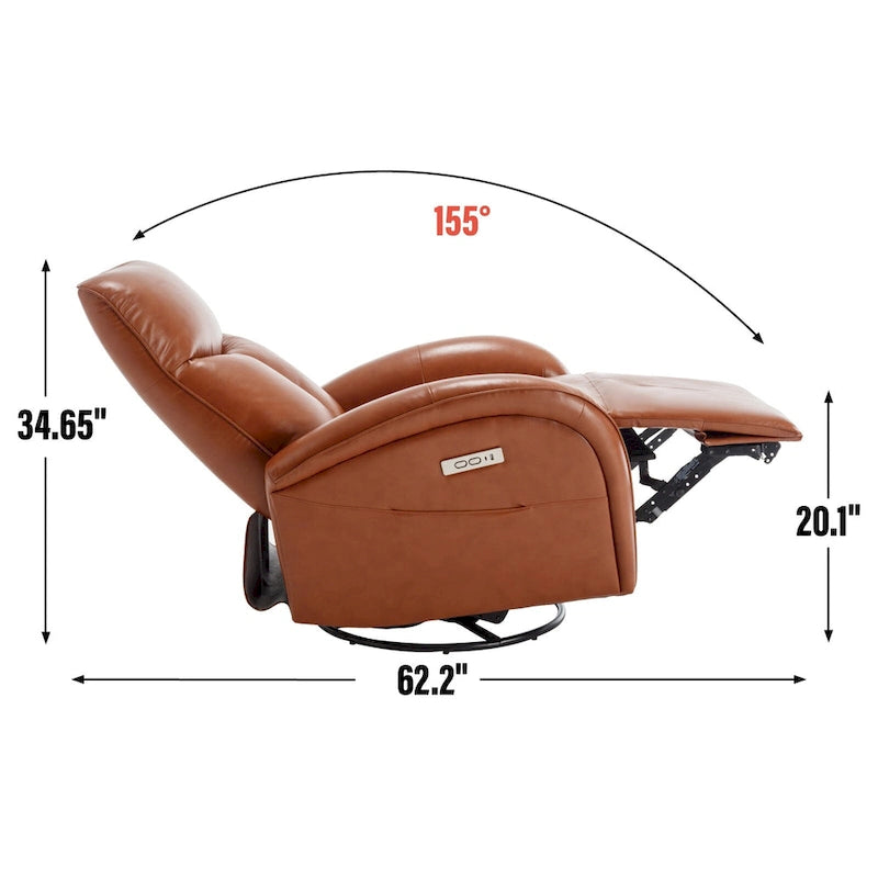 Fauteuil inclinable électrique pivotant et à bascule en cuir, angle de rotation maximal de 270°, mécanisme de mouvement robuste avec ports USB et Type-C