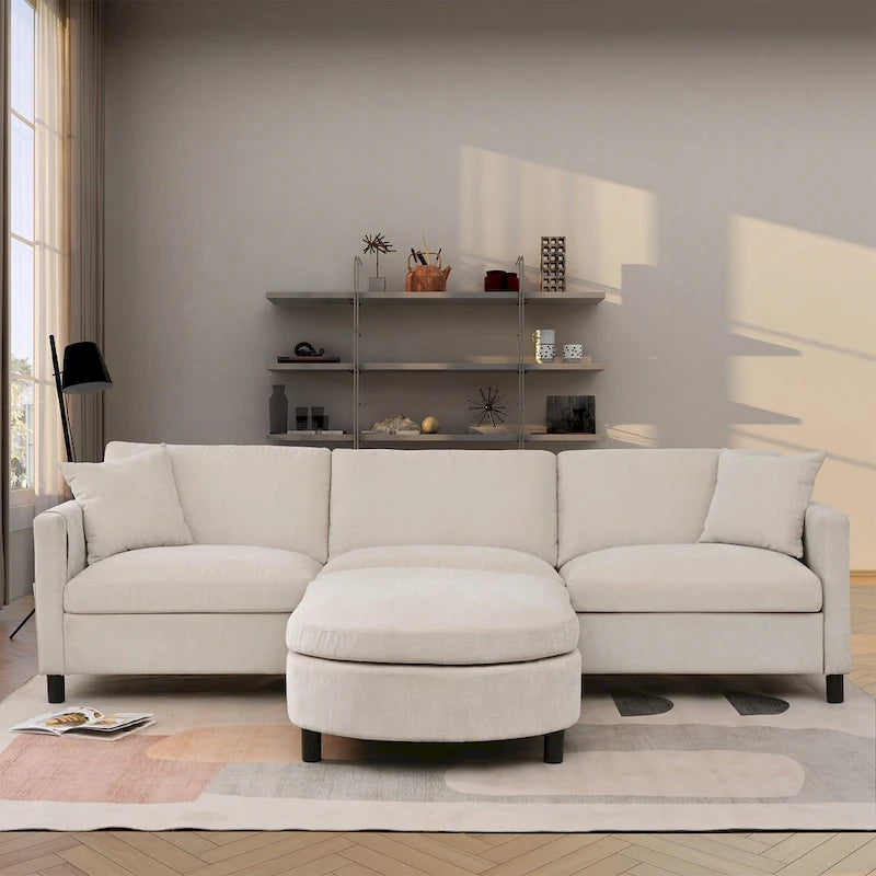 Canapé 4 places spacieux beige 107,87 avec pouf amovible, coussins déhoussables et rangement pratique dans les accoudoirs