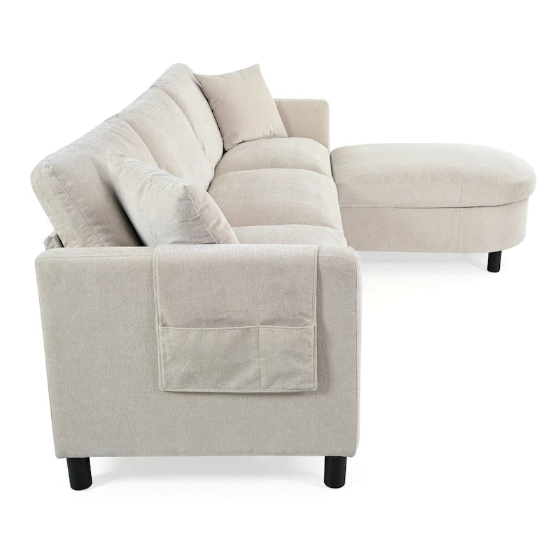 Canapé 4 places spacieux beige 107,87 avec pouf amovible, coussins déhoussables et rangement pratique dans les accoudoirs
