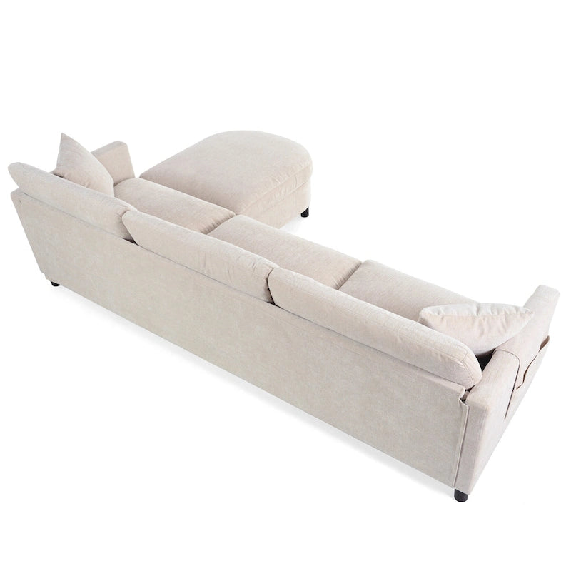 Canapé 4 places spacieux beige 107,87 avec pouf amovible, coussins déhoussables et rangement pratique dans les accoudoirs