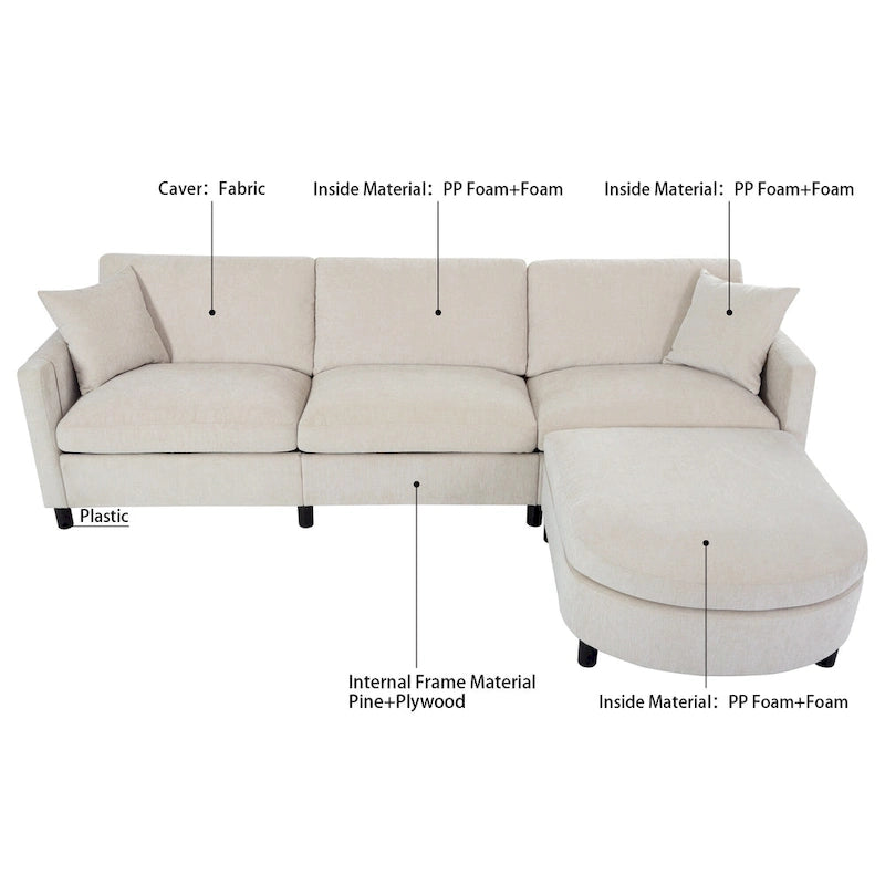 Canapé 4 places spacieux beige 107,87 avec pouf amovible, coussins déhoussables et rangement pratique dans les accoudoirs