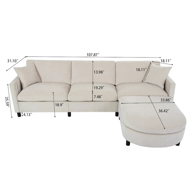 Canapé 4 places spacieux beige 107,87 avec pouf amovible, coussins déhoussables et rangement pratique dans les accoudoirs