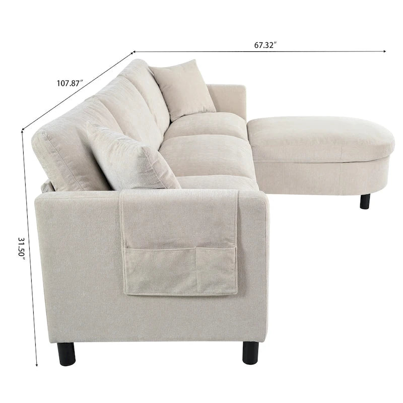 Canapé 4 places spacieux beige 107,87 avec pouf amovible, coussins déhoussables et rangement pratique dans les accoudoirs