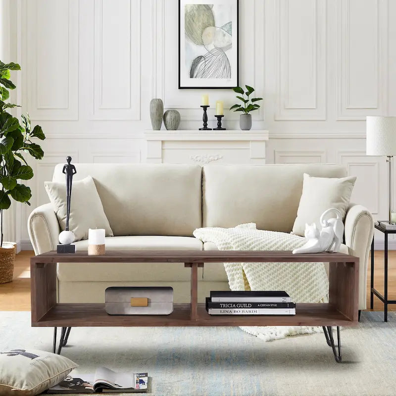 Table basse en bois recyclé avec rangement ouvert pour salon, pieds en métal, pliable, finition bois noir/naturel