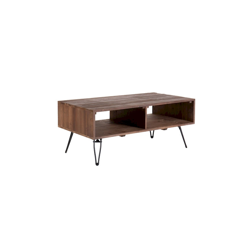 Table basse en bois recyclé avec rangement ouvert pour salon, pieds en métal, pliable, finition bois noir/naturel