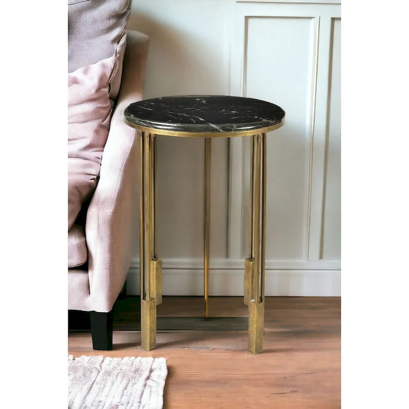 Table d'appoint ronde HomeRoots 23 en marbre noir et or et fer - 23