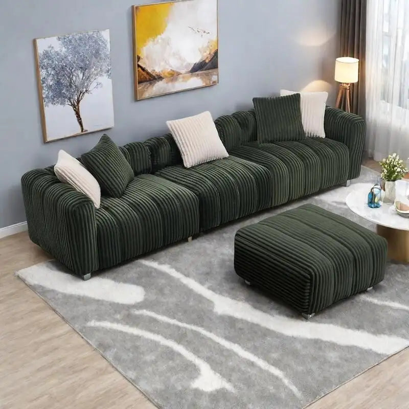 Canapé 3 places en velours côtelé 114.17 avec pouf, structure en bois massif et coussins en mousse haute densité