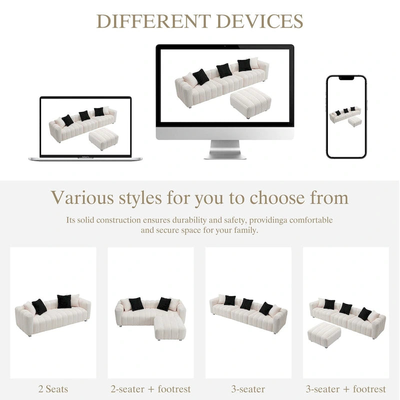 Canapé 3 places en velours côtelé 114.17 avec pouf, structure en bois massif et coussins en mousse haute densité