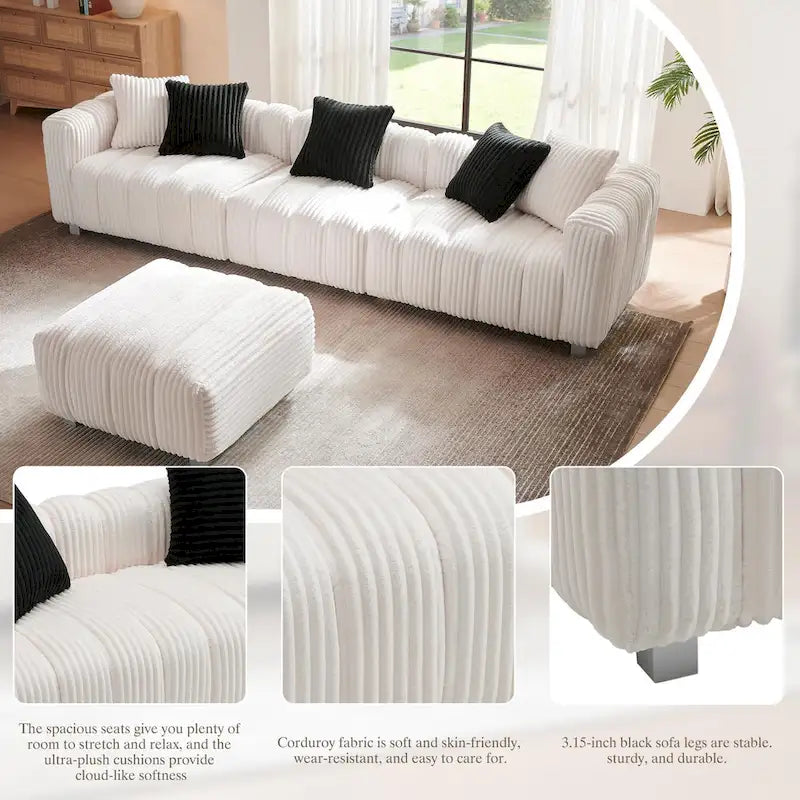 Canapé 3 places en velours côtelé 114.17 avec pouf, structure en bois massif et coussins en mousse haute densité