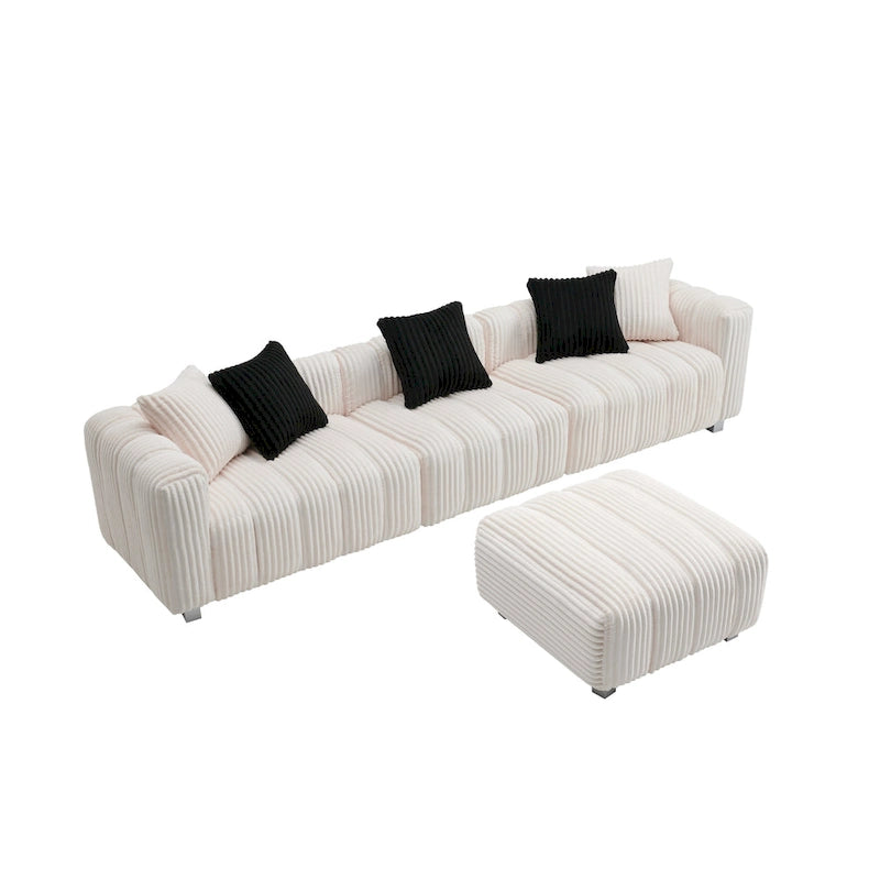 Canapé 3 places en velours côtelé 114.17 avec pouf, structure en bois massif et coussins en mousse haute densité