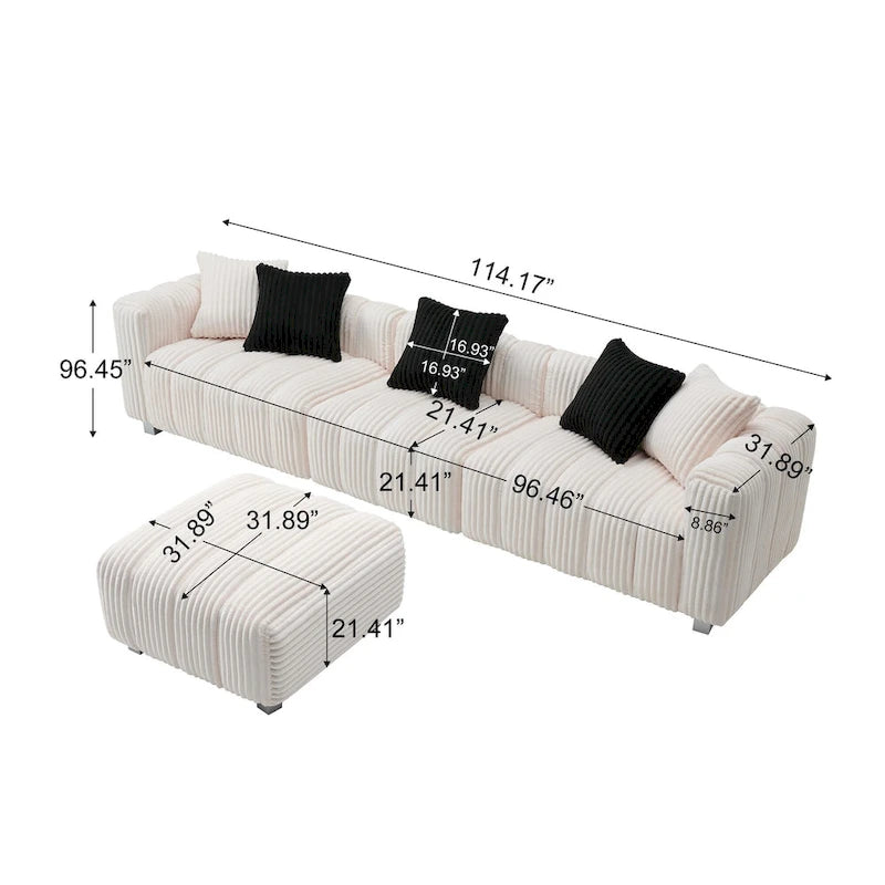 Canapé 3 places en velours côtelé 114.17 avec pouf, structure en bois massif et coussins en mousse haute densité