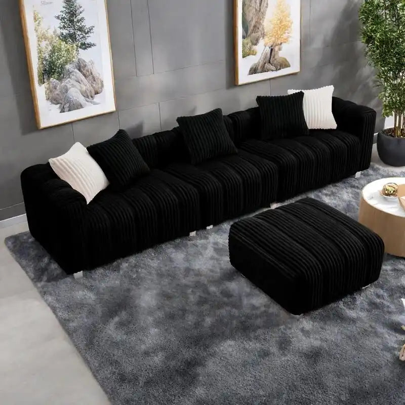 Canapé 3 places en velours côtelé 114.17 avec pouf, structure en bois massif et coussins en mousse haute densité