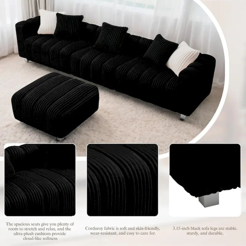 Canapé 3 places en velours côtelé 114.17 avec pouf, structure en bois massif et coussins en mousse haute densité