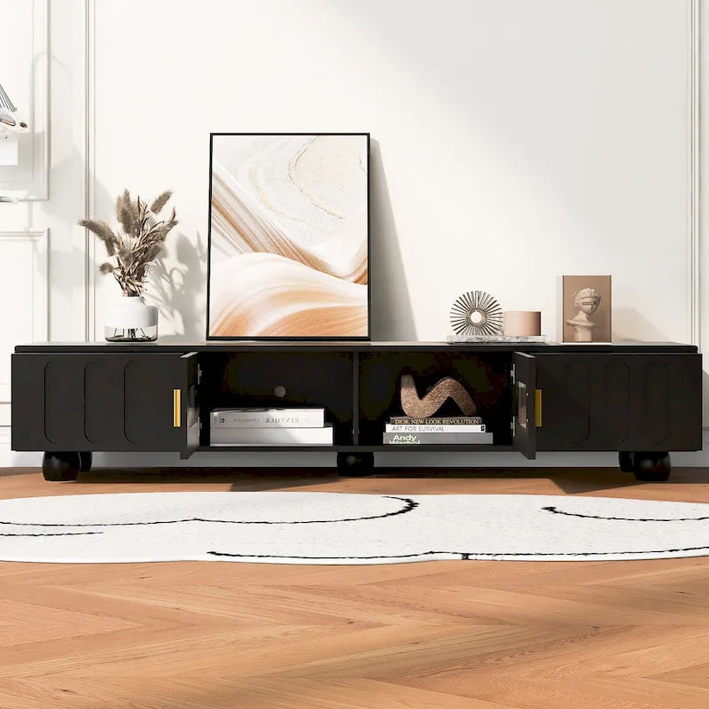 Meuble TV moderne avec pieds en bois massif, 4 étagères de rangement et 2 portes de rangement pour le salon et le divertissement