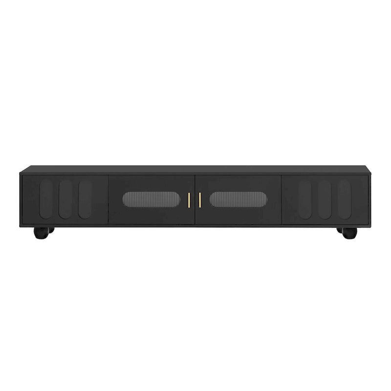 Meuble TV moderne avec pieds en bois massif, 4 étagères de rangement et 2 portes de rangement pour le salon et le divertissement