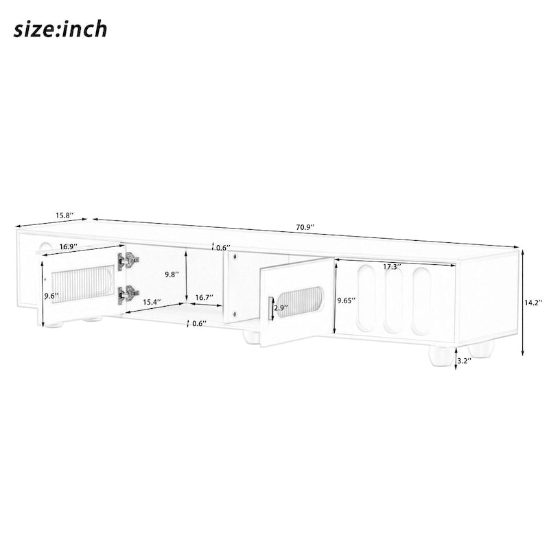 Meuble TV moderne avec pieds en bois massif, 4 étagères de rangement et 2 portes de rangement pour le salon et le divertissement