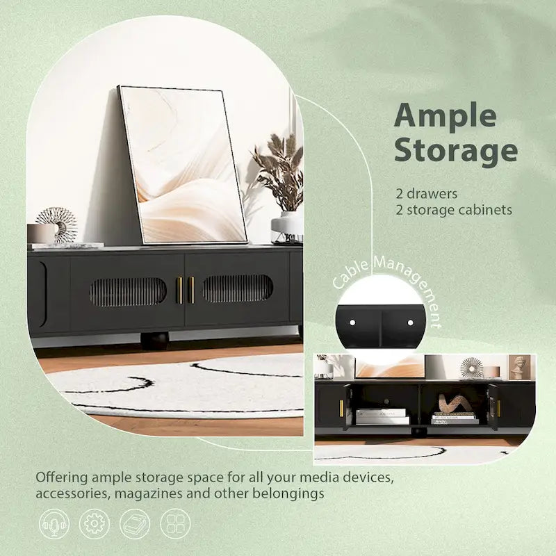 Meuble TV moderne avec pieds en bois massif, 4 étagères de rangement et 2 portes de rangement pour le salon et le divertissement