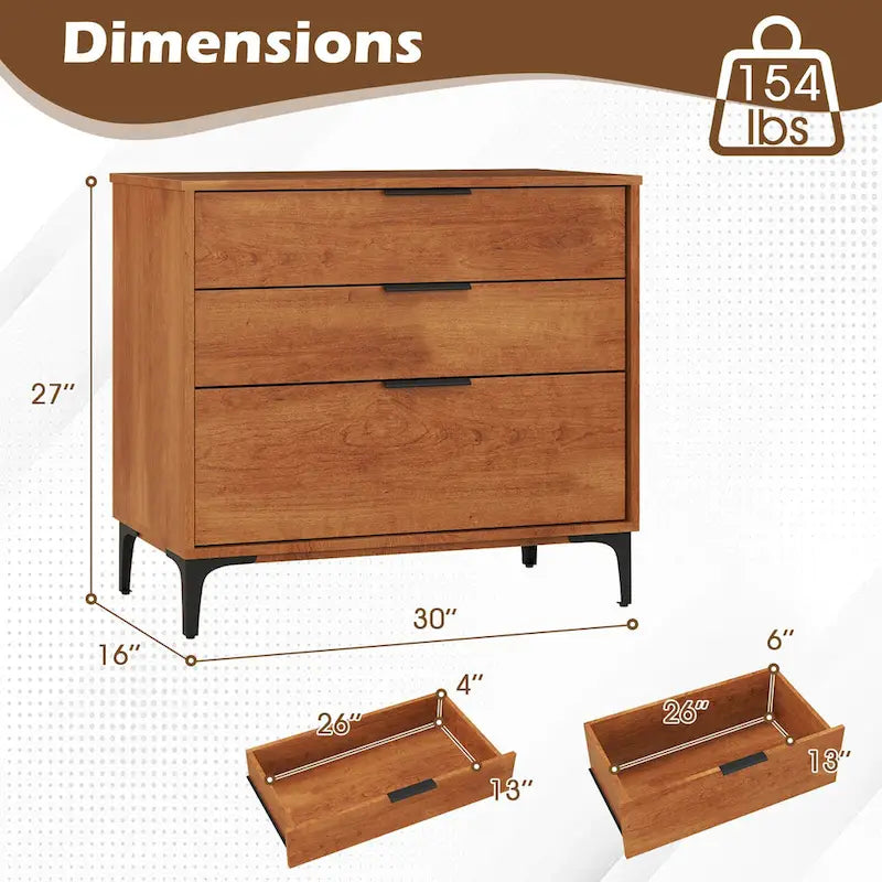 Gymax 3-Drawer Dresser w/ Metal Support Legs & Anti-tipping Kit for