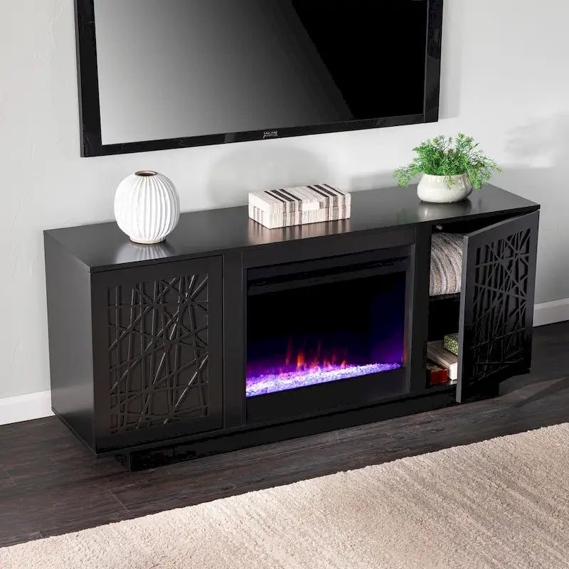 Meuble TV avec cheminée électrique à couleurs changeantes SEI Furniture Delauro et rangement