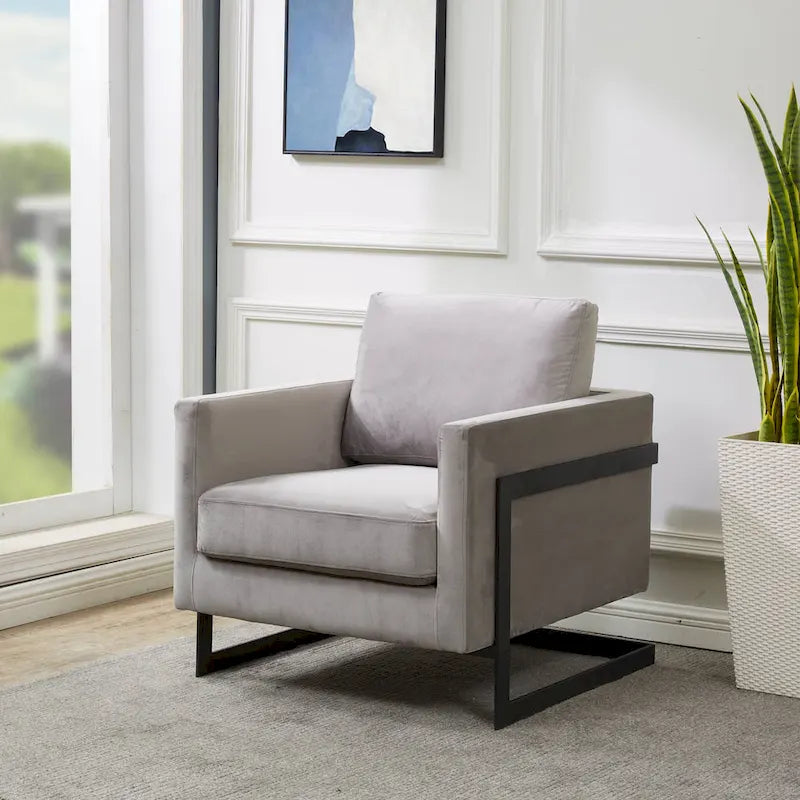 LeisureMod Lincoln Modern Velvet Arm Chair with Black Steel Frame - 35