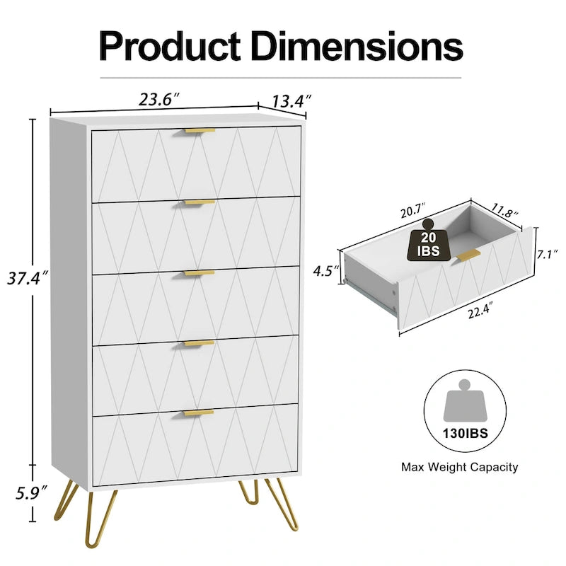 Commode à 5 tiroirs, tour de rangement pour chambre à coucher