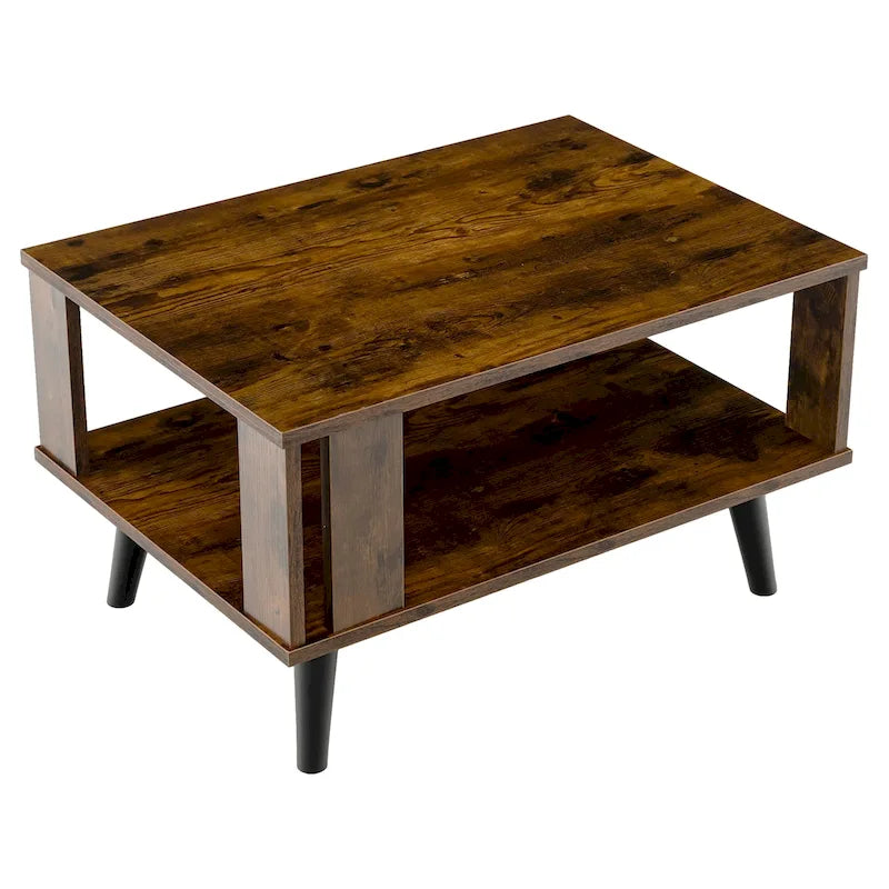 Table basse rectangulaire en bois à deux niveaux avec étagère de rangement ouverte