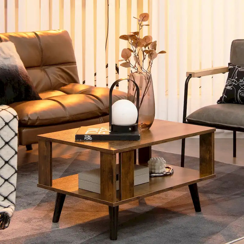 Table basse rectangulaire en bois à deux niveaux avec étagère de rangement ouverte