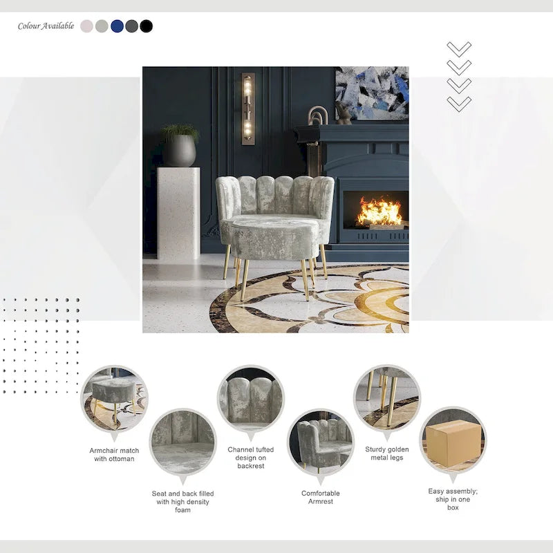 Fauteuil d'appoint CraftPorch luxueux, recouvert de velours, avec tabouret