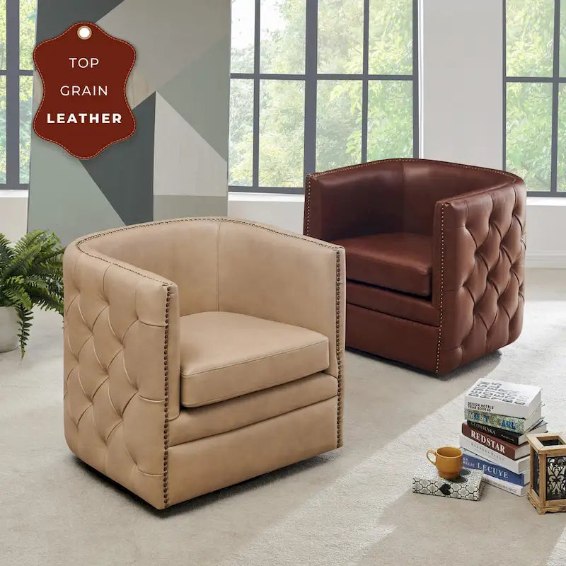 Leslie Top Grain Leather Swivel Tufted Chair