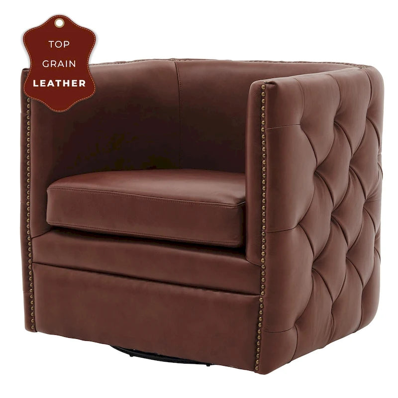 Fauteuil pivotant capitonné Leslie en cuir pleine fleur