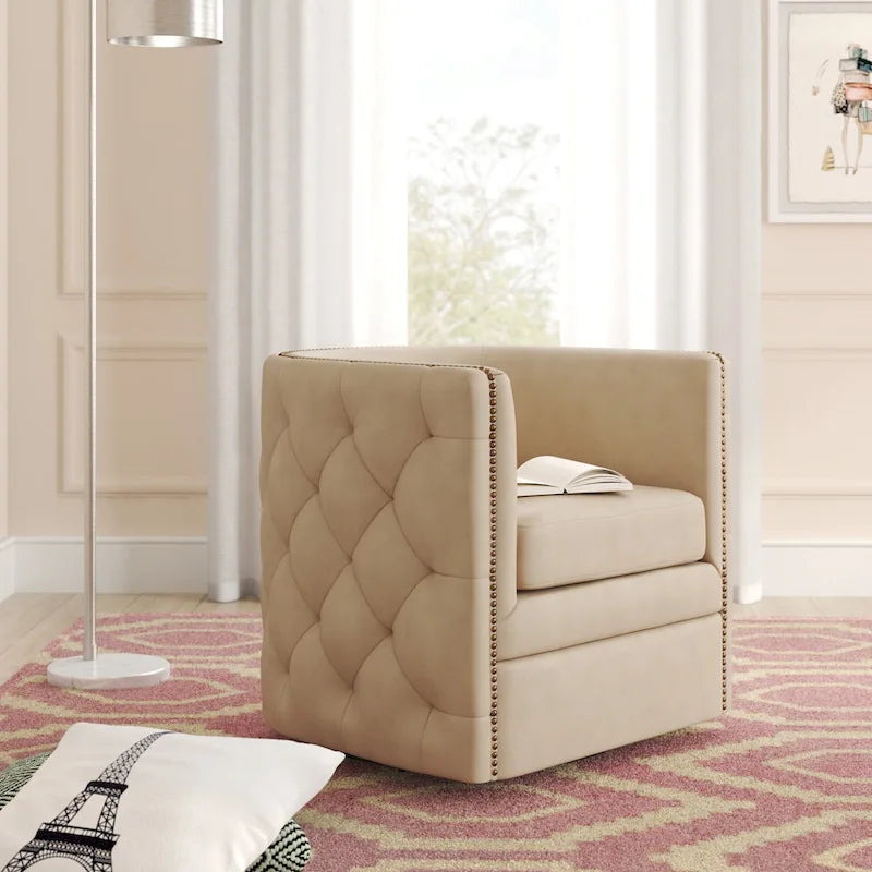 Fauteuil pivotant capitonné Leslie en cuir pleine fleur