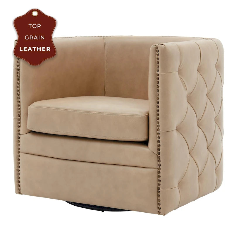 Fauteuil pivotant capitonné Leslie en cuir pleine fleur
