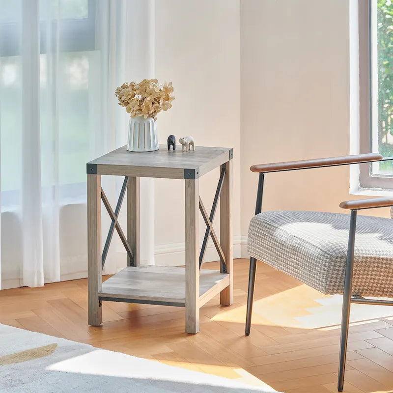 Table d'appoint ou de chevet CO-Z de style ferme de 40 cm avec étagère de rangement