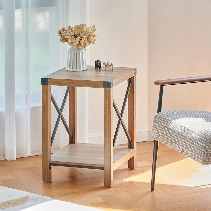Table d'appoint ou de chevet CO-Z de style ferme de 40 cm avec étagère de rangement