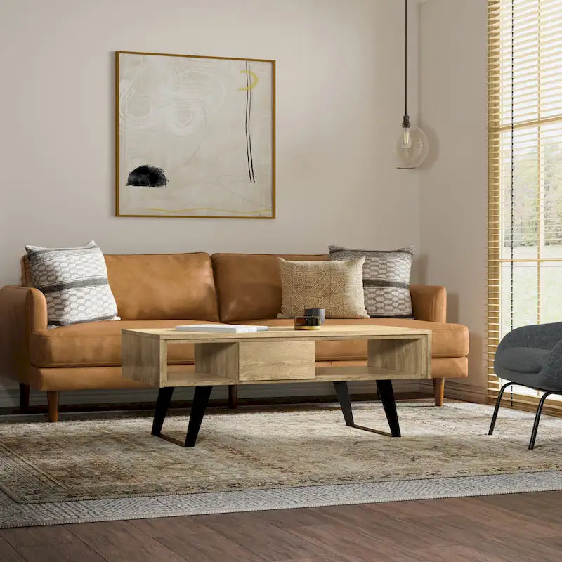 Table basse rectangulaire moderne WYNDENHALL Mitchell en bois massif et métal, 122 cm de large - 122 cm L x 56 cm P x 46 cm H