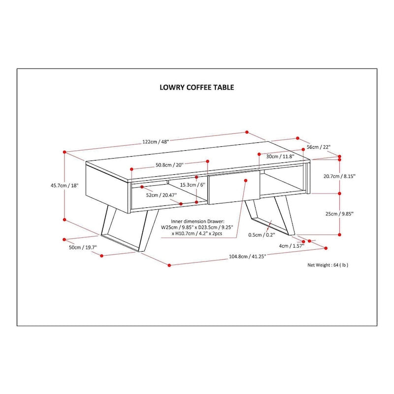 Table basse rectangulaire moderne WYNDENHALL Mitchell en bois massif et métal, 122 cm de large - 122 cm L x 56 cm P x 46 cm H