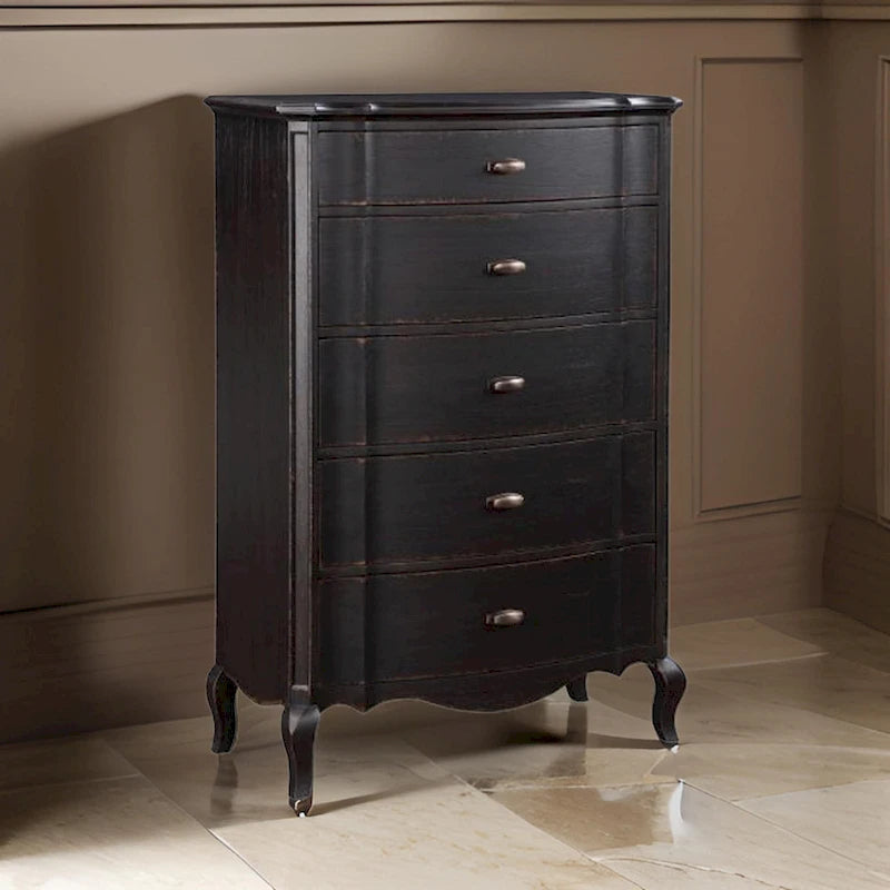 Cherry 38 Inch Tall Dresser Chest, 5 Drawer, Cabriole Legs Black Rubberwood