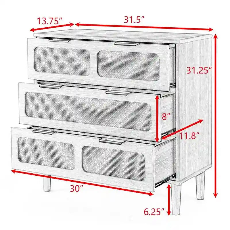 Commode Grondin style bohème moderne du milieu du siècle, 3 tiroirs en rotin, structure en MDF et pieds en bois massif.