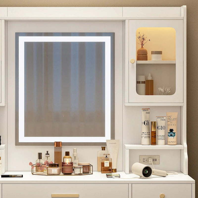 Coiffeuse avec miroir, tiroirs et étagères