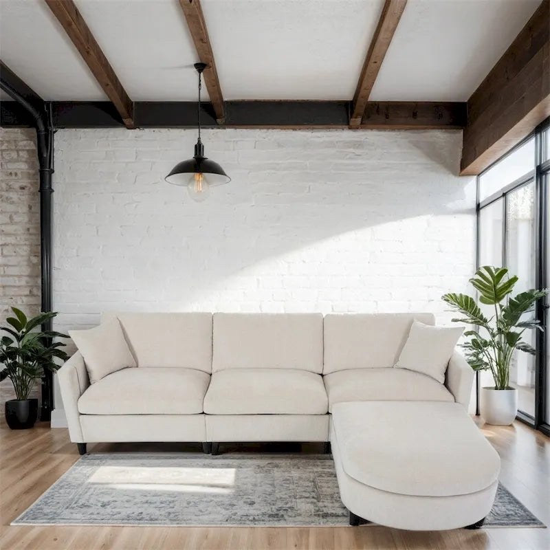 Canapé d'angle moderne en tissu 108 avec pouf et coussins