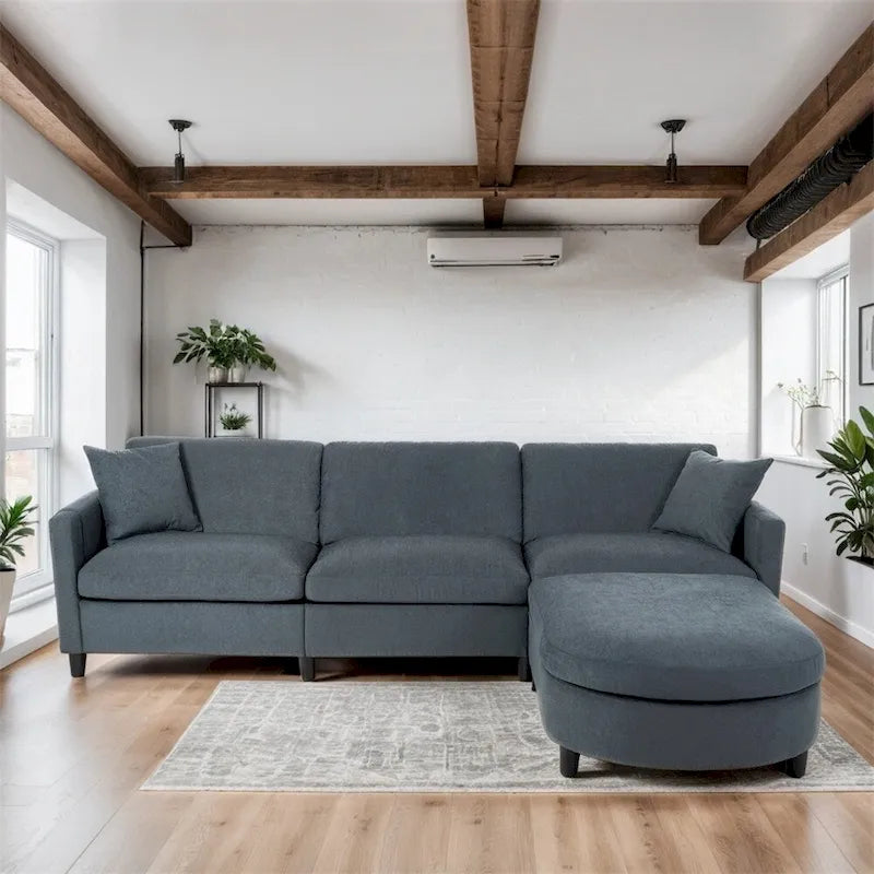 Canapé d'angle moderne en tissu 108 avec pouf et coussins