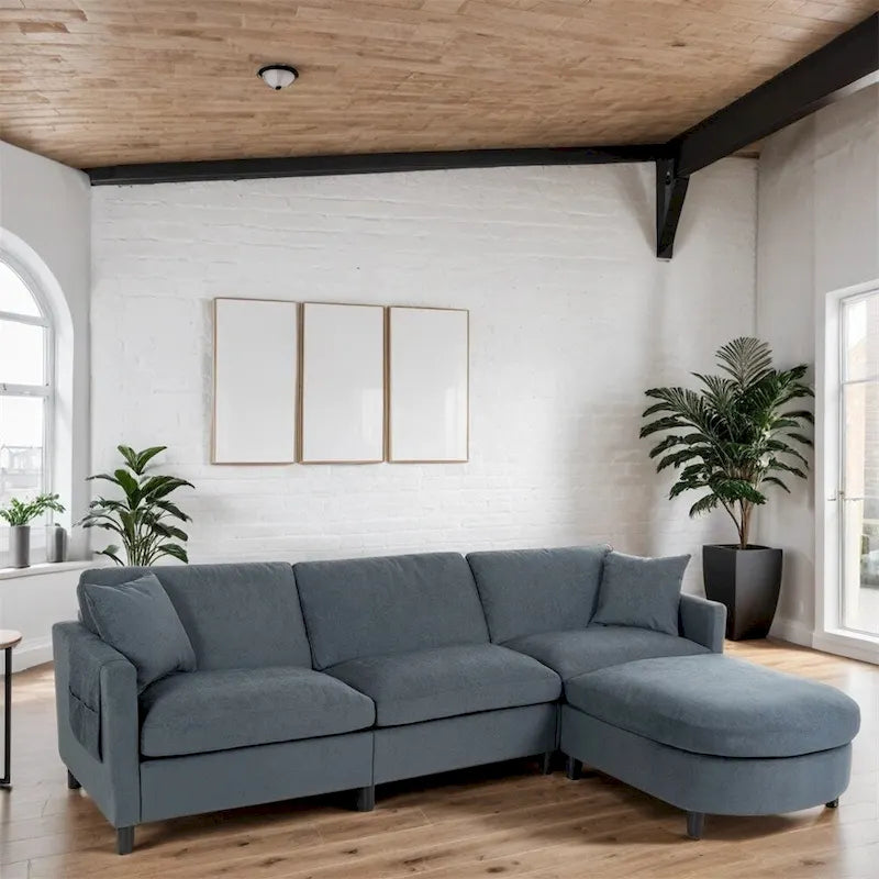 108 Modern Fabric Sectional Sofa with Ottoman and Pillows
